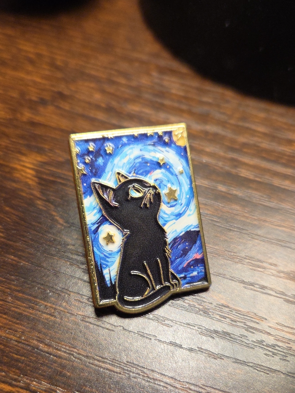 Black Cat Starry Night Enamel Pin - Gold Trim
